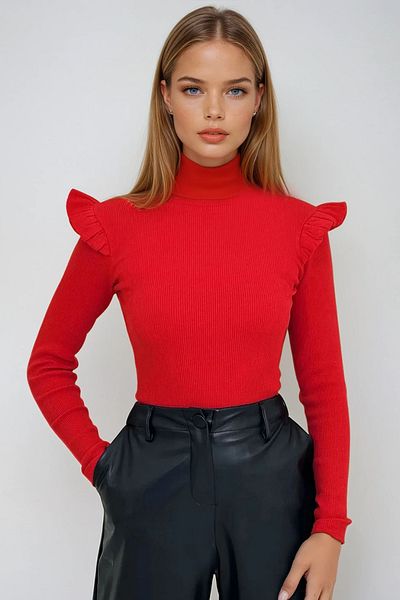 VAGGON Women's Red Shoulder Ruffled Half Fisherman Sweater Prmx5194