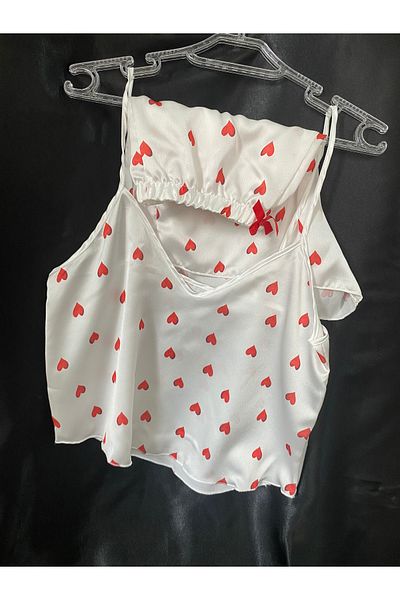 ronox Women's Satin Suit with Shorts, Heart Pattern, Adjustable Strap, Pajama Nightwear