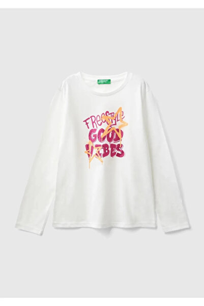Benetton Tricou cu mânecă lungă pentru fete, ecru, cu imprimeu multicolor pe ...