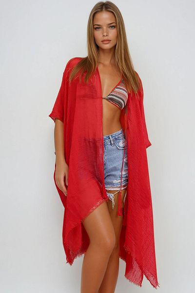 VAGGON Kimono roșu roșu cu ciucuri pentru femei Prmx2293