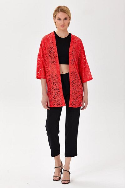İKİLER Bat Sleeve Slit Lace Cardigan 024-4404