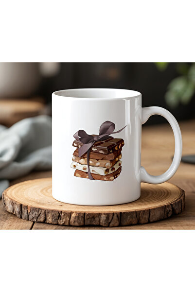 BB TRADE White Ceramic Printed Mug with Ribbon Chocolate Design 330ml