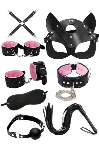 DUYUMSAL 7 Parça Pembe Detaylı Deri Fantazi El Ayak Ağızlık Kelepçe Maske Tas...