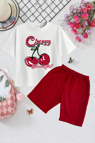 twins tailors Heart and Cherry Printed 2 Pieces Summer T-Shirt-Shorts Children's Set