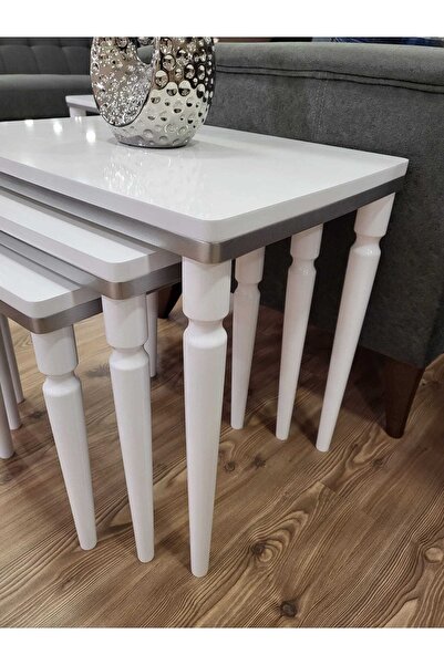 AKSET 3lü Lüx Zigon Sehpa Beyaz Gümüş