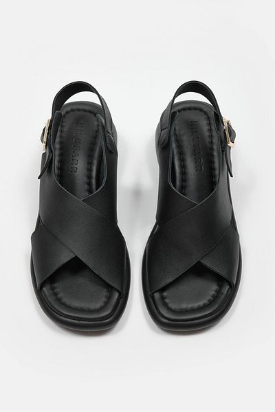 NILUFARR Panova Black Genuine Leather Short Heeled Women's Sandals