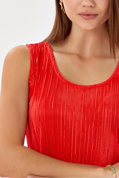 İKİLER Yuvarlak Yaka Pileli Kolsuz Elbise 024-2521