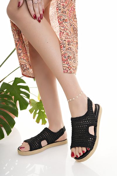 Modafırsat Women's Straw Sandals Black Mesh Lace Knitwear Embroidery Embroidered New Season Summer Home Beach Vacation Sandals