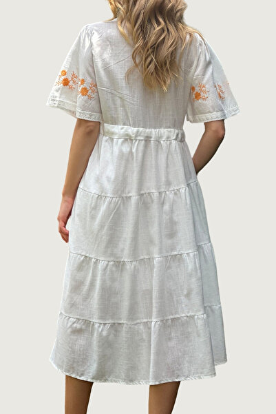 VAGGON Λευκό γυναικείο φόρεμα με λαιμόκοψη V με μέση με κορδόνι με κέντημα με φόδρα