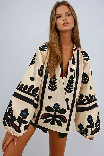VAGGON Liked White Boat Neck, Detailed Embroidery Embroidered Balloon Sleeve Blouse Prmx9279