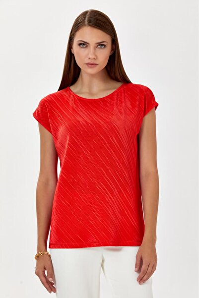 İKİLER Yuvarlak Yaka Düşük Kol Pileli Bluz 024-1055