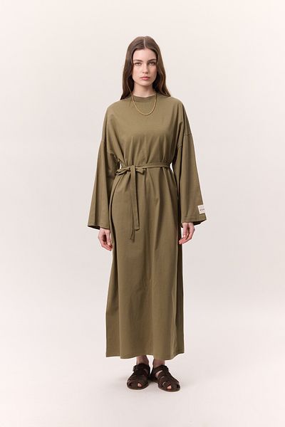 Manuka ÜBERGRÖSSES LANGES KLEID KHAKI: Max Foulard Sleeve Crossing Long Sakat