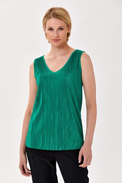 İKİLER V Yaka Pliseli Kolsuz Bluz 024-1056