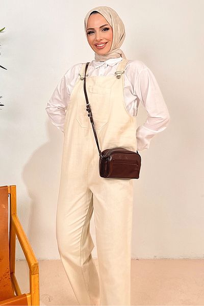 Bestenur Casel Jumpsuit με μπροστινή τσέπη 1419 - Μπεζ