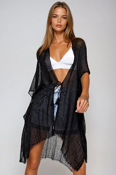 VAGGON Kimono negru oversize din bumbac pentru femei Prmx6469