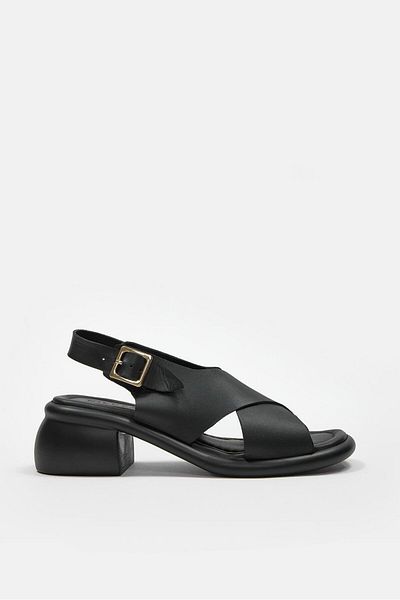 NILUFARR Panova Black Genuine Leather Short Heeled Women's Sandals