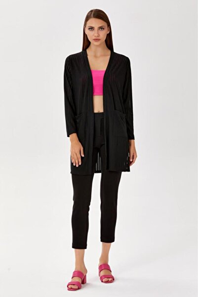 İKİLER Çift Cepli Yırtmaçlı Transparan Uzun Hırka 024-4407