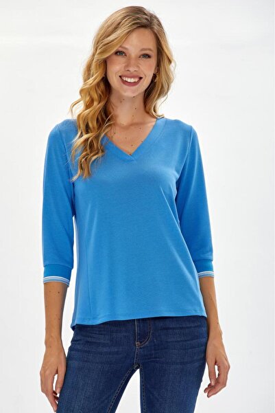 İKİLER V Yaka Kolu Triko Bantlı Bluz 234-1018