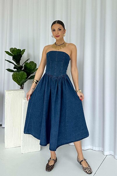 Mine Tan Butik Στράπλες λαιμόκοψη Κιλό Φούστα Γυναικείο Τζιν Φόρεμα - Navy Blue