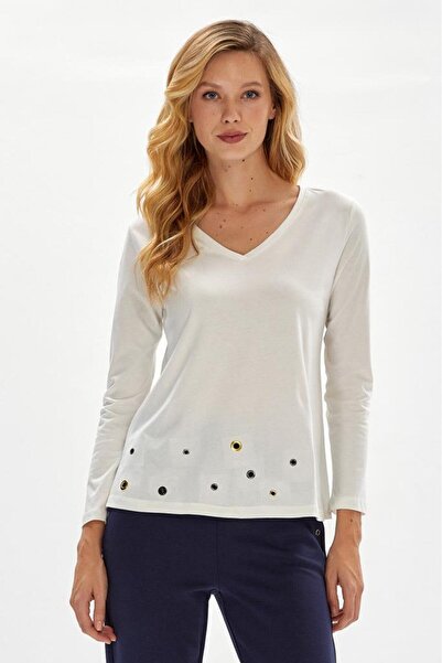 İKİLER Kuşgözü Detaylı V Yaka Uzun Kol Bluz 234-2117