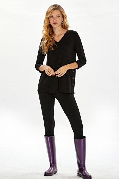 İKİLER V Yaka ¾ Kol Yanı Düğmeli Bluz 234-1002