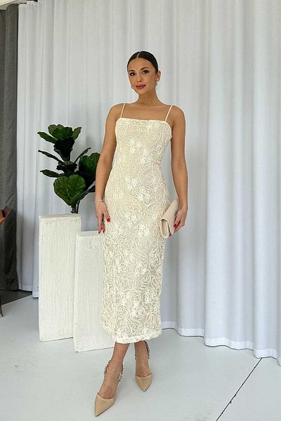 Mine Tan Butik Rochie lungă de damă cu motiv bej - Detaliu broderie cu bretele