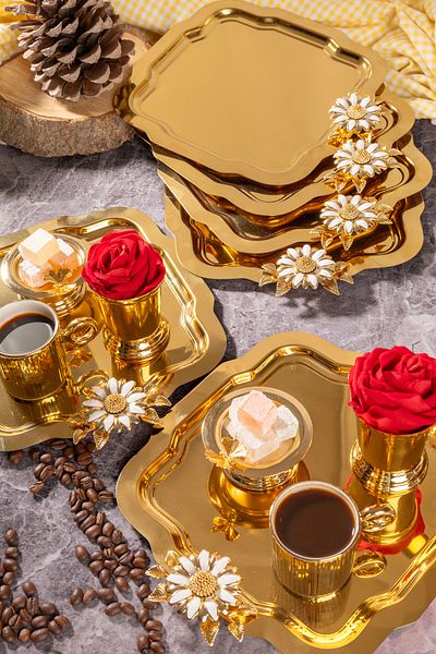 NEWTREND Züccaciye 6-Piece Luxury Gold Tray - Stainless Steel - Coffee and Chai Serving Presentation
