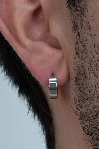 Takı Dükkanı Pair of Men's Steel Earrings 3mm Glossy Thin Flat Hoop