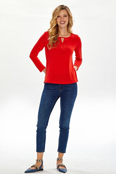 İKİLER Cut Out Yaka Uzun Kol Bluz 234-1010