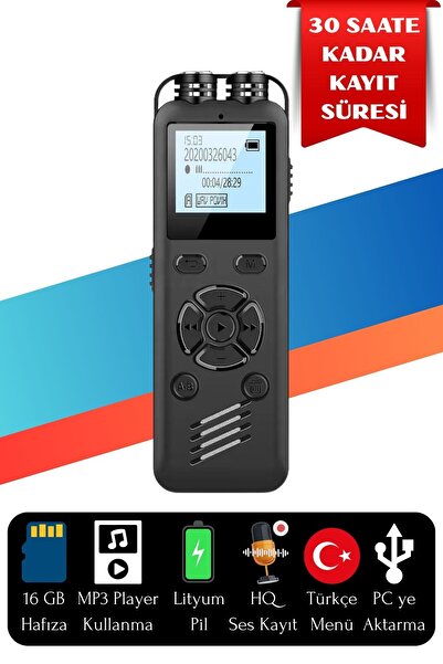 L'eDoren KB60 16 GB Dijital Ekranlı Profesyonel Ses Kayıt Cihazı Diktafon Ses Aktif Şifre Korumalı Mp3 Çalar