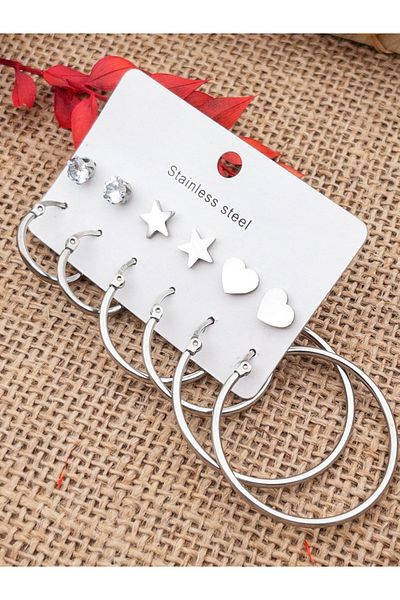 Siya Silver Gold Color Heart Star Zircon Stone Detailed 6 Pairs Steel Hoop Earrings Set (2-3-4 cm)