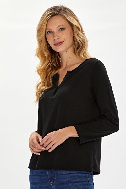 İKİLER Yuvarlak Yakalı Mini Patlı Uzun Kol Bluz 234-1007