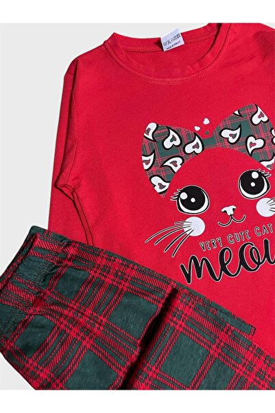 ALİŞ KİDS Kız Çocuk %100 Pamuklu Kırmızı Kedi Desenli Altı Ekose Desenli Uzun Kollu Mevsimlik Pijama Takımı