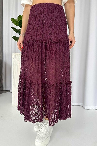 Mine Tan Butik Fusta lungă de damă cu detaliu din dantelă - roșu claret