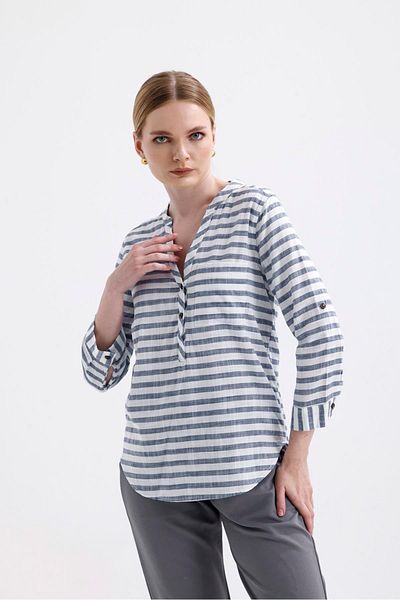Miss Murem Striped Half Placket Cute Shirt-Thick Gray Stripes