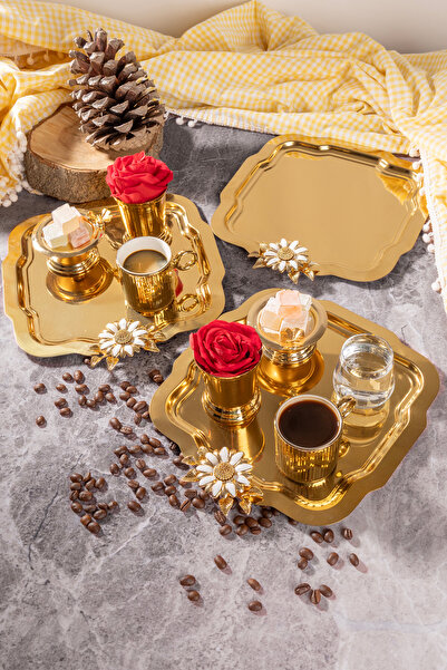 NEWTREND Züccaciye 3'lü Lüx Gold Tepsi Beyaz papatya Çiçekli model Paslanmaz ...