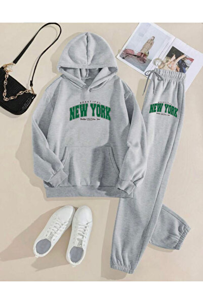 RPT MODA Oversized Green Brooklyn Print Detail Hooded Kangaroo Pocket Double Set Tracksuit