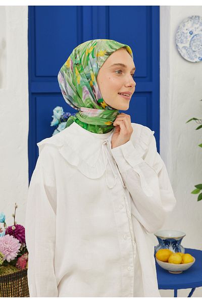 Fresh Green Cotton Voile Scarf - Summer Sunset Pattern