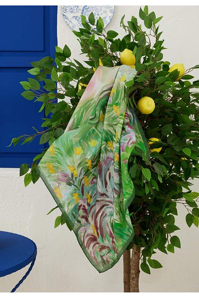 Fresh Green Cotton Voile Scarf - Summer Sunset Pattern