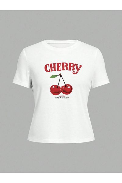 VBSVİBES Cherry Happy Printed White Tshirt Mother Daughter Combination - Oversize Crew Neck T-Shirt