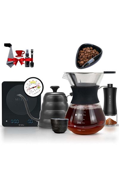 MIBRU V60 Pour Over Chemex Coffee Set 11p Includes Filter Steel & Grinder Dripper, Filter, Drip Pot 1200ml