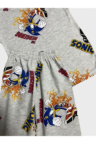 ALİŞ KİDS Boy's Cotton Gray Sonic Pattern Short Sleeve Shorts Pajama Set