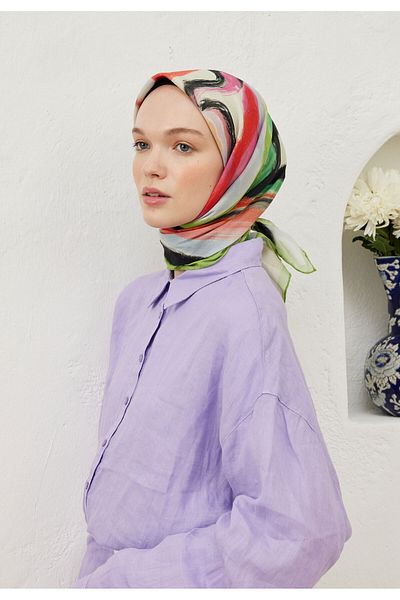 Fresh Green Cotton Voile Scarf - Color Waves Pattern