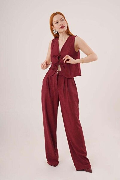 shopivastore Front Tie Detailed Vest and Trousers Claret Red Double Set