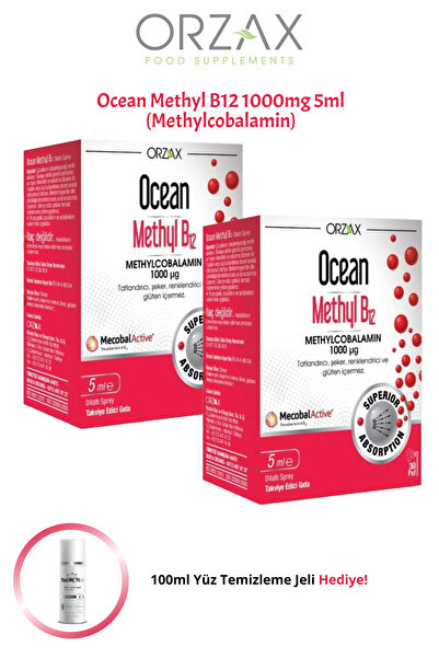 Ocean Tatlandırıcı İçermeyen Metilkobalamin Sprey B12 Vitamini 1000mg 5ml 2 ADET + 100ml Jel Hediye