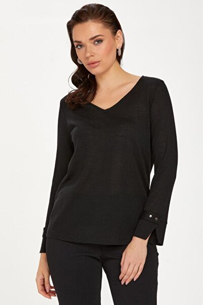 İKİLER V Yaka Kolu Aksesuarlı Triko Bluz 234-1718
