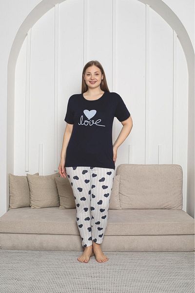 PİJAMORE With Heart Plus Size Oversize Women's Summer Short Sleeve Pajamas Set, You Can Choose 1 Size Larger.