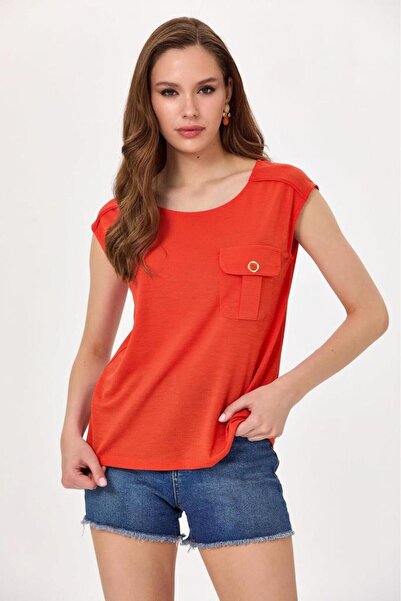 İKİLER Yuvarlak Yaka Cep Detaylı Bluz 025-1018