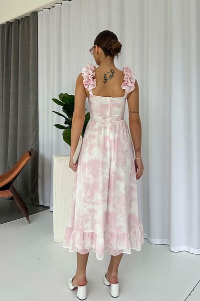 Mine Tan Butik Pink White Floral Chiffon Women Dress with Ruffled Sleeves