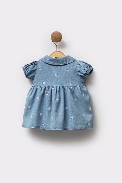 Cassiope Blue Denim Floral Embroidered Short Sleeve Front Buttoned Collar Detailed Eid Summer Baby Girl Dress